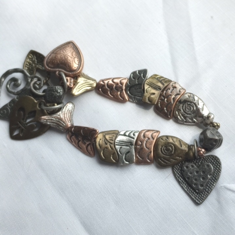 Rustic Mixed metal fish hearts charm stretchy bracelet copper, scroll work